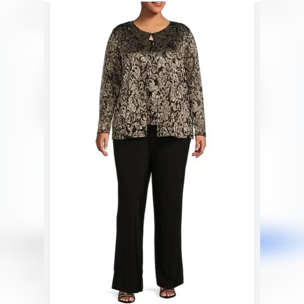 Marina Women's Plus Size 2x Scoop Neck Metallic Jumpsuit And Long Sleeves Jacket
